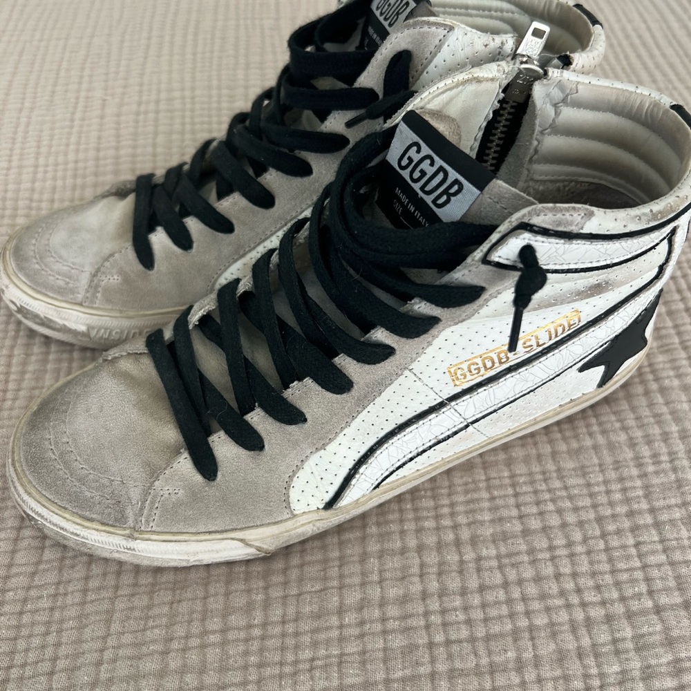 Golden Goose Slide Gray and White High-Top Sneakers